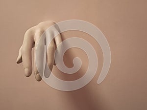 Mannequin hand on a brown background.