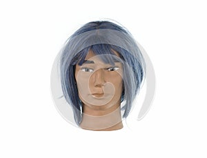 mannequin head with blue wig isolated on white