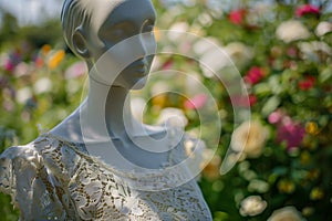 mannequin in lace summer dress, softfocus garden flowers