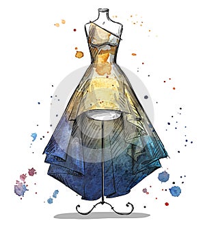 Mannequin with a long dress. Fashion illustration