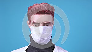 Mannequin man in medical coat and protective tissue respiratory mask