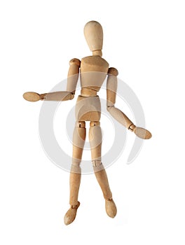 Mannequin old wooden dummy surprise or suspect acting isolated