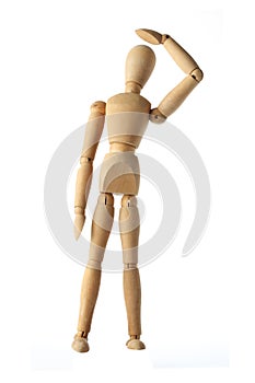 Mannequin old wooden dummy wining and look up acting isolated