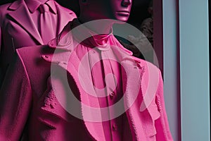 A mannequin in a pink clothes stands in the window of a clothing store. Men& x27;s suit and shirt. Generative Ai