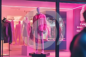 A mannequin in a pink clothes stands in the window of a clothing store. Men's suit and shirt. Generative Ai