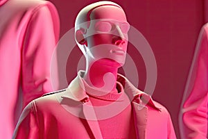 A mannequin in a pink clothes stands in the window of a clothing store. Men& x27;s suit and shirt. Generative Ai