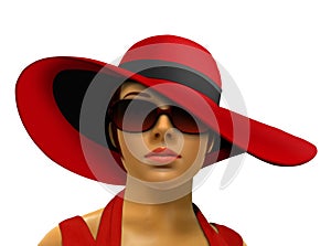 Mannequin in red with big hat and shades