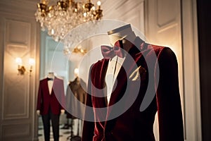 Mannequin with red jacket and bow tie in luxury store