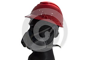 a mannequin with Safety helmets and gas filter mask; white background; Working Hard Hat;Personel Protection Equipment PPE