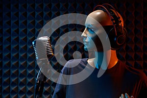 Mannequin with studio retro condenser microphone and professional headphones