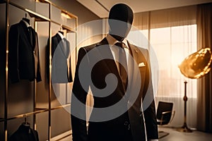 Mannequin in a suit in a luxury hotel room. Men\'s fashion