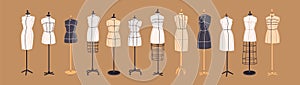 Mannequin, tailors dummies set. Sewing manikin models, women torsos, body shapes, textile female figures for fashion