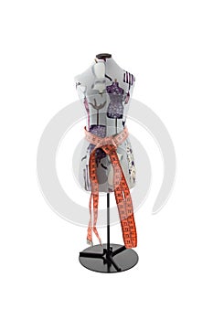 Mannequin with tape measure on waist isolated on white backgrou