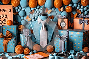 Mannequin with tie surrounded by Father's Day gifts, ideal for retail and celebration themes.