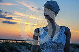 mannequin in vneck summer dress, sunset beach backdrop