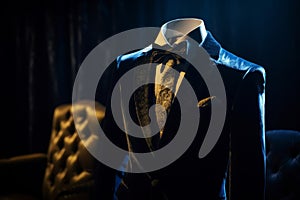 Mannequin wearing blue suit and yellow tie on dark background