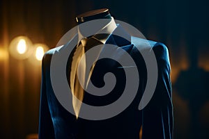Mannequin wearing blue suit and yellow tie on dark background