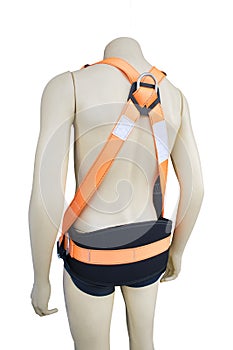Mannequin wearing construction safety belt on isolated background.