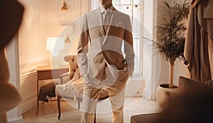 Mannequin wearing a suit and a tie in a hotel room