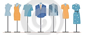 Mannequins without clothes and with womens and mens clothes. Fashion garment. Clothing showing. Fashionable suits or