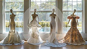 Mannequins dressed in lace gowns with elegant trains displayed in front of large windows illuminated by natural sunlight