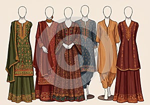Mannequins showcase traditional South Asian attire, displaying a variety of salwar photo