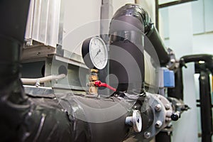 Manometer, pipes and faucet valves of heating system