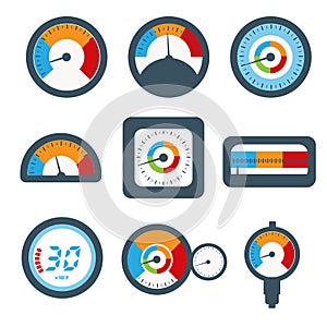 Manometer set, pressure and Temperature gauge set icons. Vector