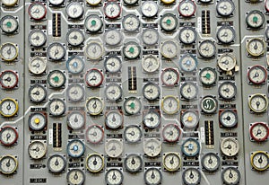 Manometers of the cooling system of reactor set on main control board at the control operations room. Chernobyl Nuclear Power