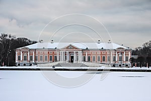 Manor Palace in Kuskovo in winter, Moscow, Russia, view across the pond.