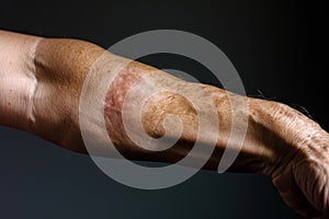A mans arm displaying a bruised elbow, indicating significant injury, A misshapen elbow, showing signs of significant harm photo