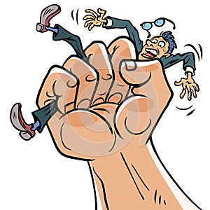 A mans fist squeezes a businessmans man. Pressure stress, politics and dictatorship concept
