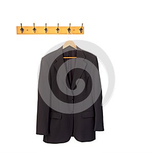 Mans grey suit jacket on hanger, hung up and isolated on white. Retirement, redundancy concept or working late. photo
