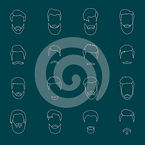 Mans hair set of beards and mustaches vector line. Hipster style fashion beards and hair illustration outline