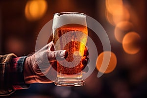 a mans hand clutches a satisfying glass of beer in a cozy pub.