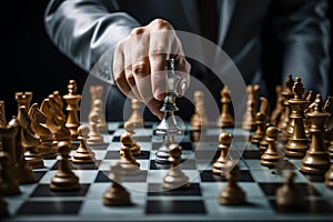 A mans hand, focused on chess, illustrates business planning and metaphorical comparison