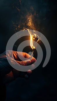 A mans hand holding Lit Match on dark background