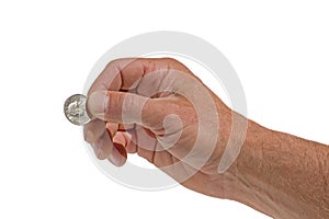 Mans Hand Holding Quarter Coin