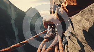 Mans hand holding a rope on top of the mountain at sunset while climbing on the mountain - made with Generative AI tools