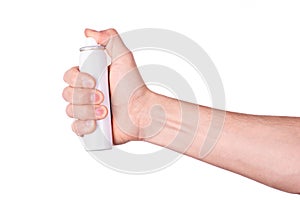 Mans hand holding an spray isolated on white background