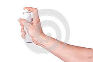 Mans hand holding an spray isolated on white background