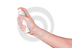 Mans hand holding an spray on white background