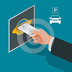 Mans hand with Parking tickets. Isometric Flat illustration vector icon for web. Urban transport. Parking space
