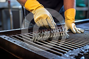 mans hand scrubbing large grill grates with a long-handled brush