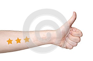 Mans hand thmbs up, and 3 star rating