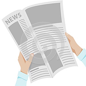 Mans hands in blue shirt holding newspaper with news title on white background. Vector