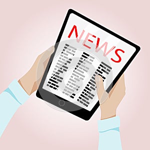 Mans hands in blue shirt holding tablet with news on screen on pink background. Vector