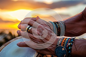 mans hands with boho wristbands playing bongos at sunset