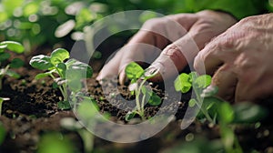 A mans hands gently sift through the soil of his indoor garden planting new seeds with precision photo