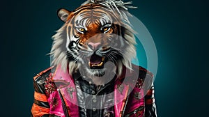 Mans Tiger In Leather Jacket: Vibrant Imagery And Pinkcore Studio Portraiture